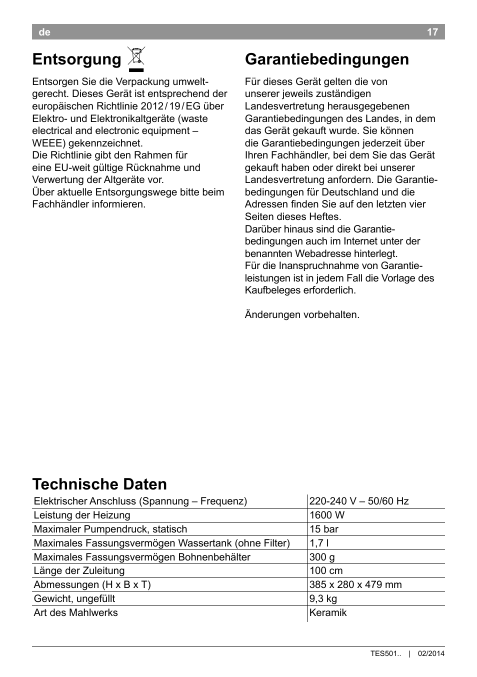 Entsorgung, Technische daten, Garantiebedingungen | Bosch TES50159DE VeroCafe Kaffeevollautomat schwarz User Manual | Page 21 / 86