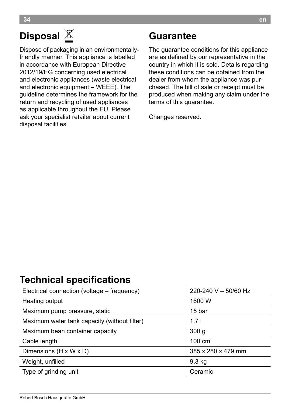 Disposal, Guarantee, Technical specifications | Bosch TES50159DE VeroCafe Kaffeevollautomat schwarz User Manual | Page 38 / 86