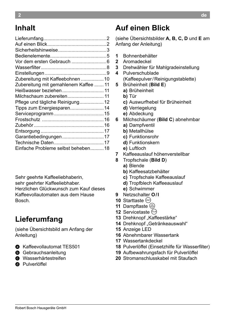 Auf einen blick, Inhalt, Lieferumfang | Bosch TES50159DE VeroCafe Kaffeevollautomat schwarz User Manual | Page 6 / 86