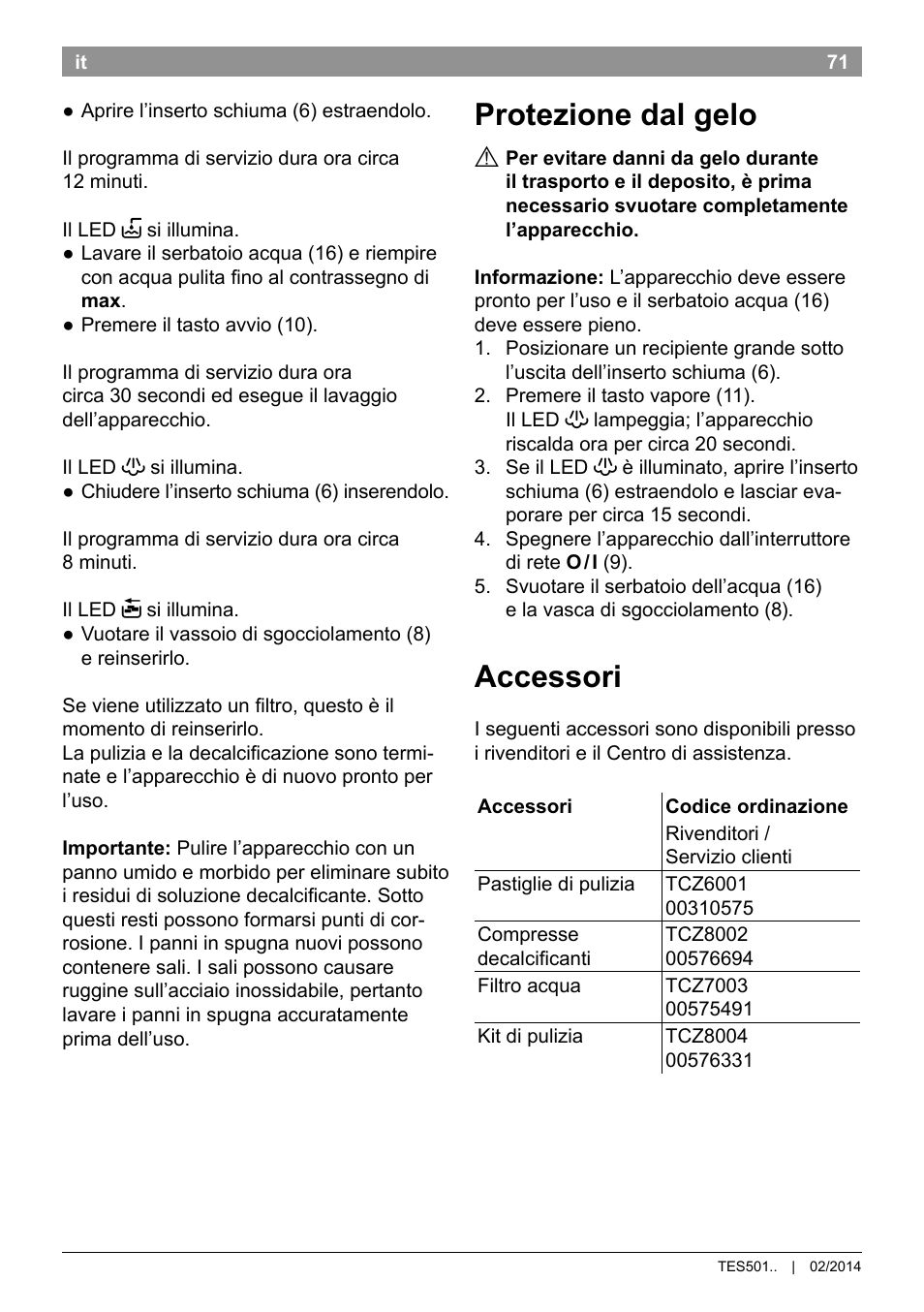 Protezione dal gelo, Accessori | Bosch TES50159DE VeroCafe Kaffeevollautomat schwarz User Manual | Page 75 / 86