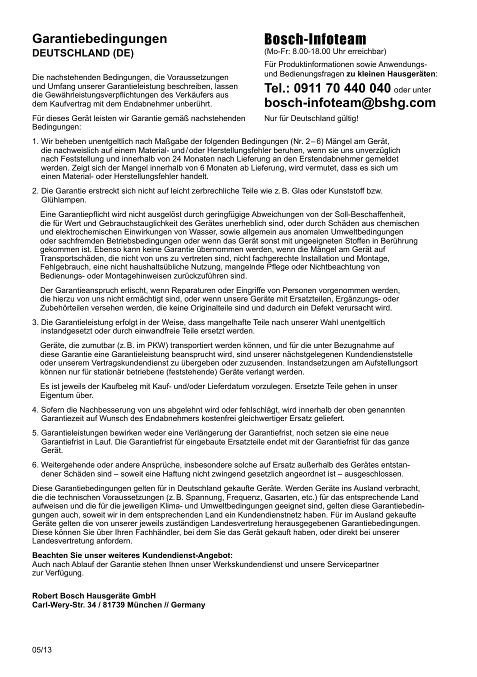 Bosch-infoteam, Garantiebedingungen, Deutschland (de) | Bosch TES50159DE VeroCafe Kaffeevollautomat schwarz User Manual | Page 83 / 86