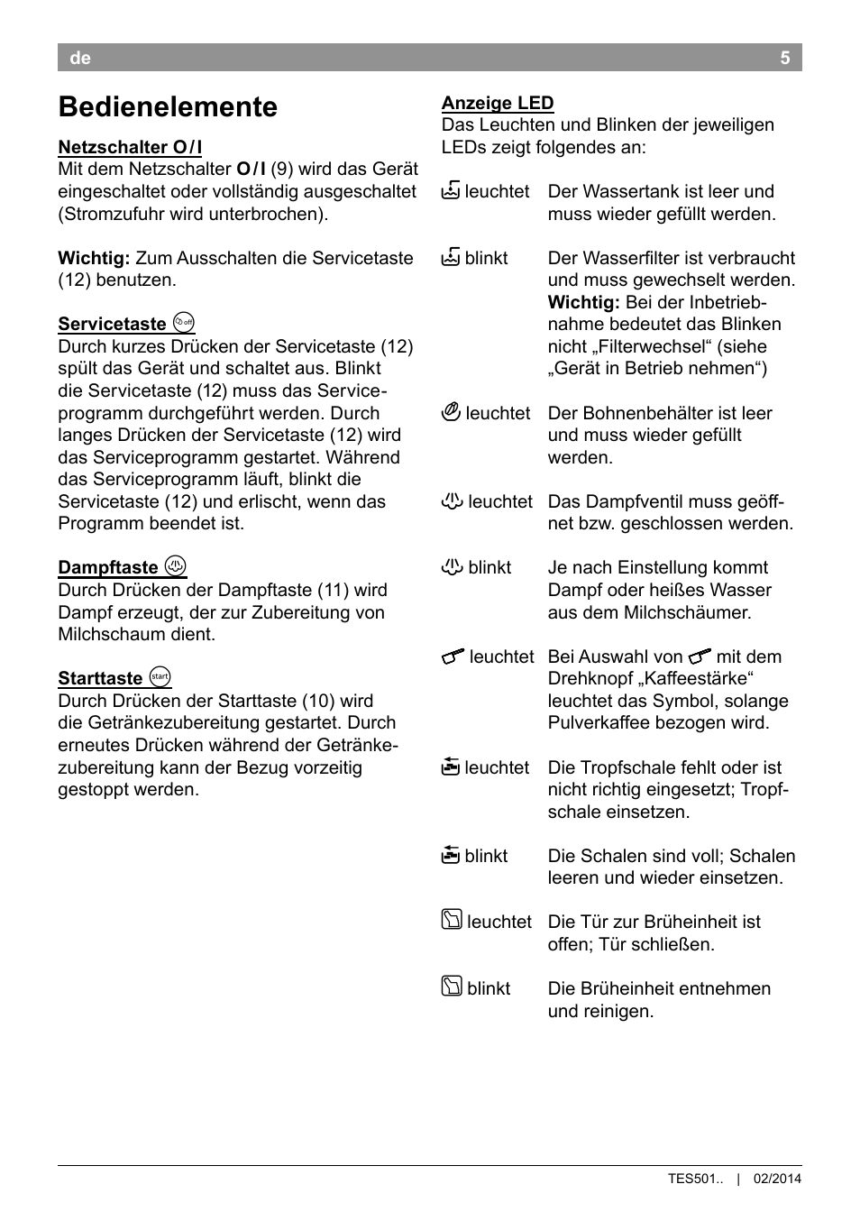 Bedienelemente | Bosch TES50159DE VeroCafe Kaffeevollautomat schwarz User Manual | Page 9 / 86