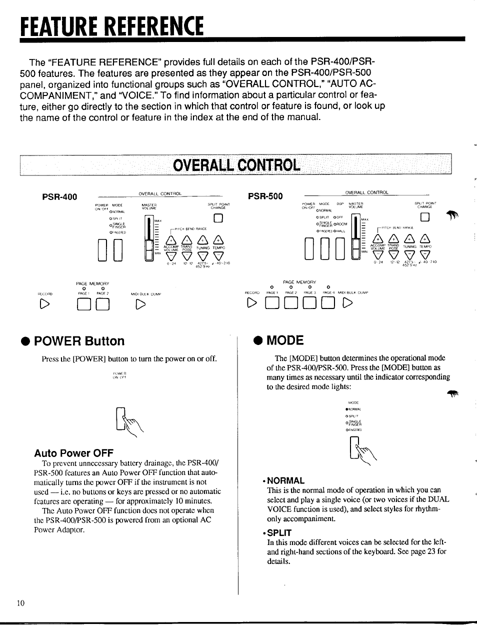 Feature reference, Overall control, Y y y y | Power button, Auto power off, Mode, Power button mode, D d b, D d d, P □□ t | Yamaha PSR-400 User Manual | Page 12 / 47