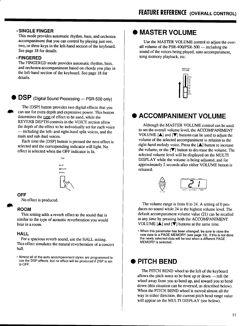 Master volume, Accompaniment volume, Pitch bend | Feature reference | Yamaha PSR-400 User Manual | Page 13 / 47