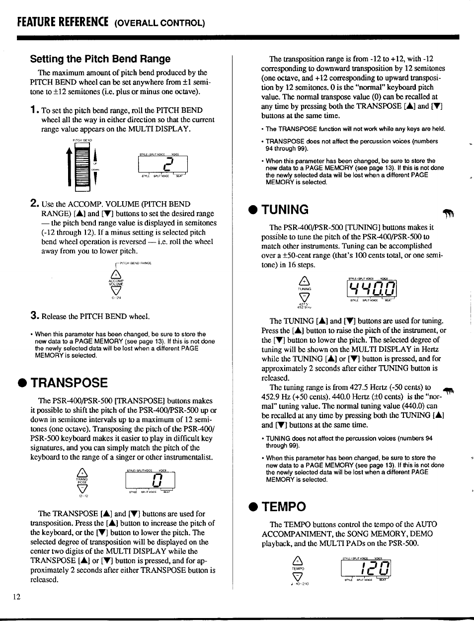 Setting the pitch bend range, Transpose, Tuning | Tempo, Transpose tuning tempo, Tu.u, Feature reference | Yamaha PSR-400 User Manual | Page 14 / 47