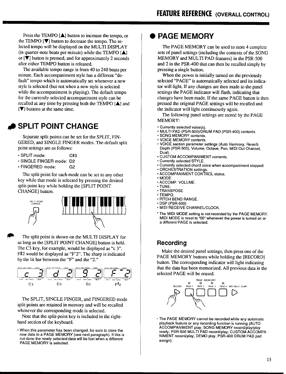 Split point change, Recording, Feature reference | Yamaha PSR-400 User Manual | Page 15 / 47