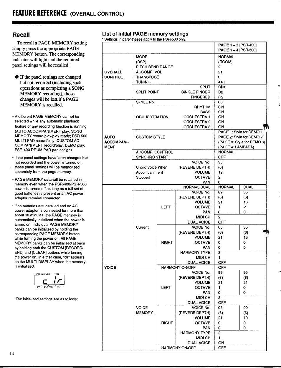 Recall, Feature reference, Overall control) | Yamaha PSR-400 User Manual | Page 16 / 47