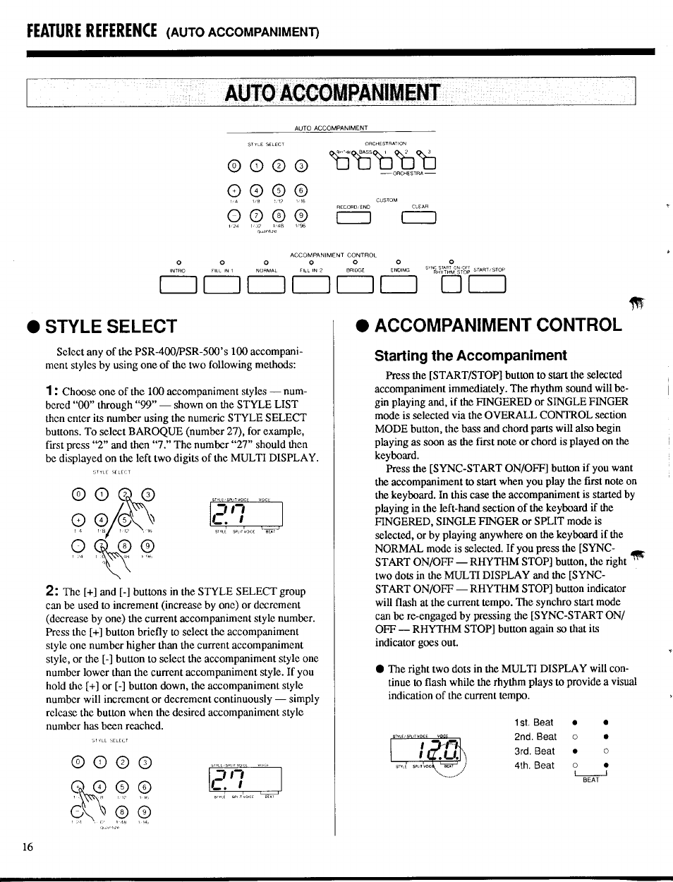 Auto accompaniment, Style select, Accompaniment control | Starting the accompaniment, Feature reference, I 1 f i, C. i, 1 c.u, Auto accompaniment), J l t | Yamaha PSR-400 User Manual | Page 18 / 47