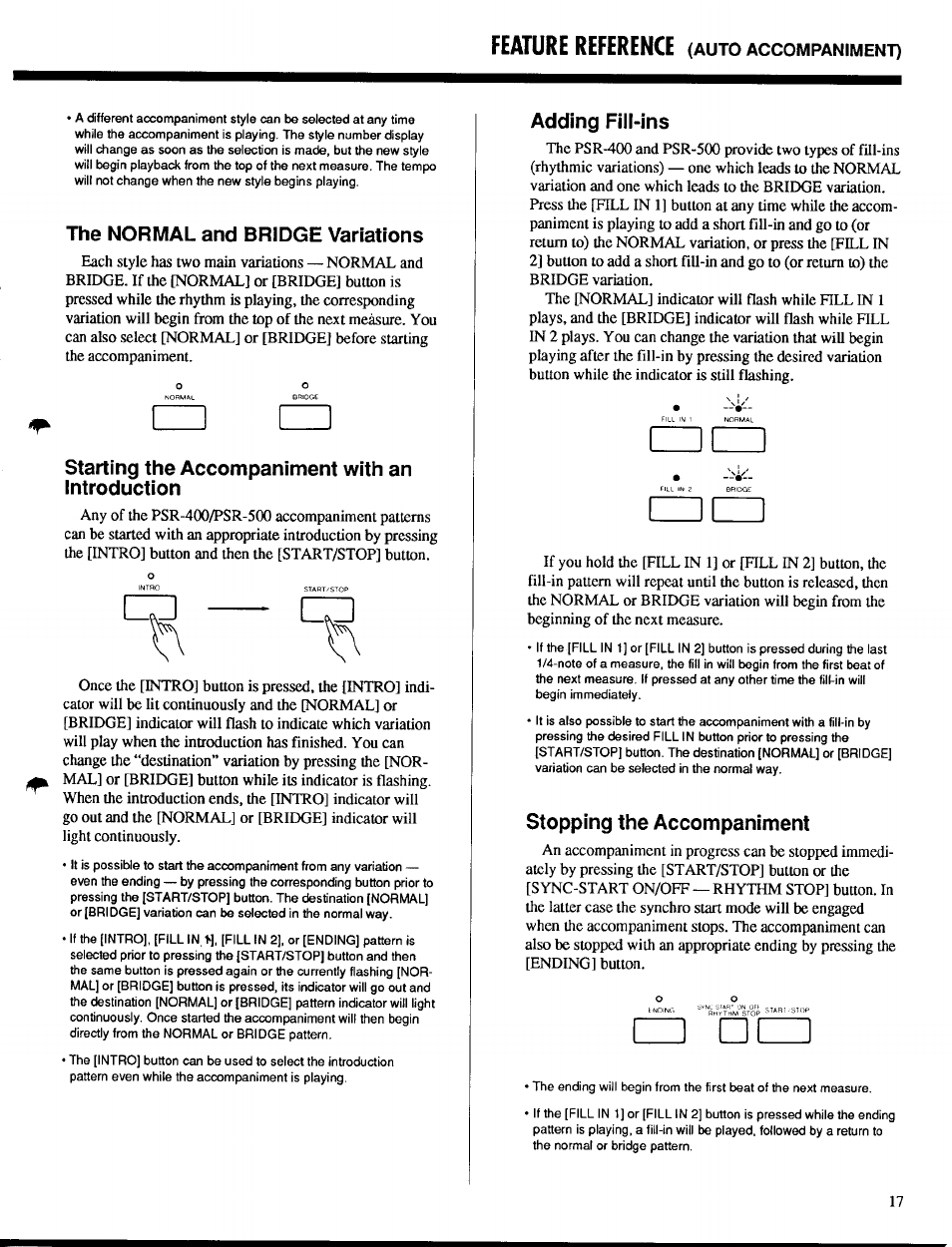 The normal and bridge variations, Starting the accompaniment with an introduction, Adding fill-ins | Stopping the accompaniment, Feature reference | Yamaha PSR-400 User Manual | Page 19 / 47