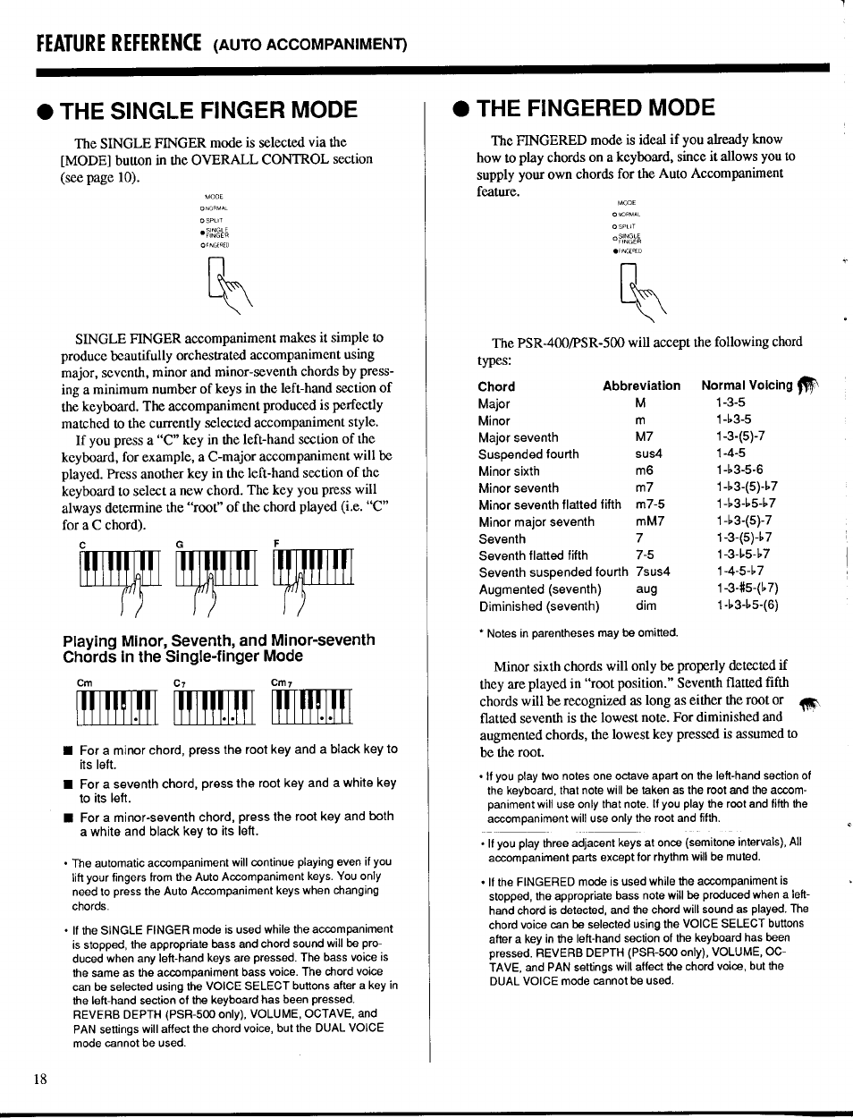 The single finger mode, The fingered mode, The single finger mode the fingered mode | Effleei, Feature reference | Yamaha PSR-400 User Manual | Page 20 / 47