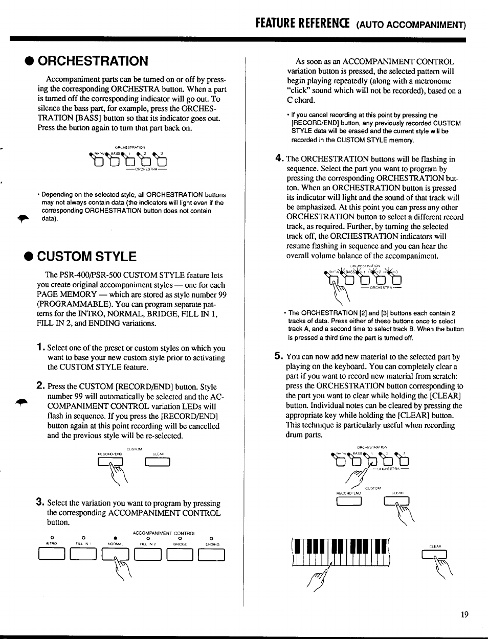 Orchestration, Custom style, Cd izzi | Feature reference | Yamaha PSR-400 User Manual | Page 21 / 47