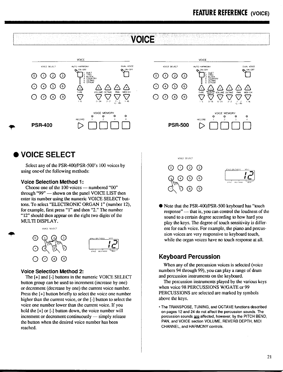 Voice, Voice select, Cr\) | Keyboard percussion, Feature reference, Aa a a a | Yamaha PSR-400 User Manual | Page 23 / 47