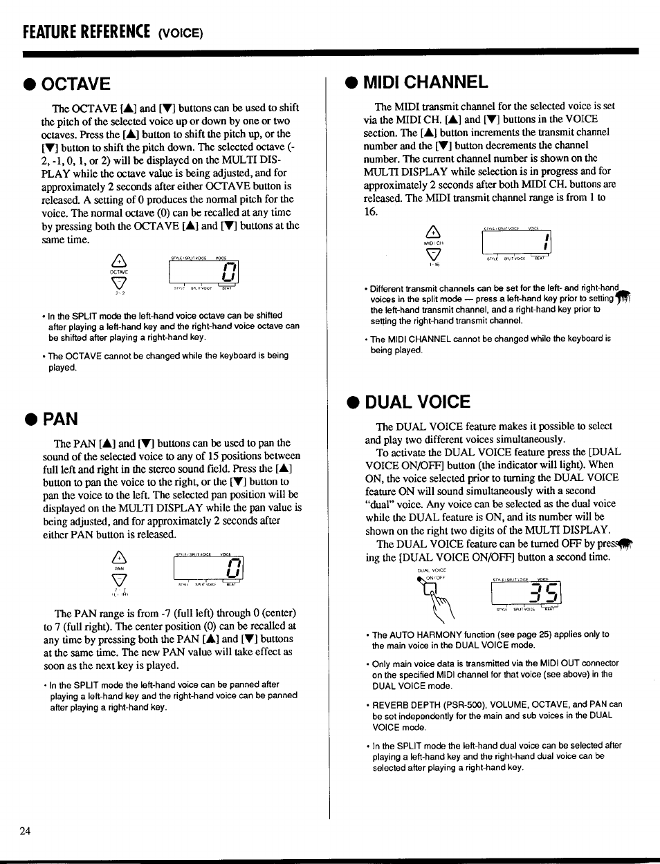 Octave, Midi channel, Dual voice | Feature reference | Yamaha PSR-400 User Manual | Page 26 / 47