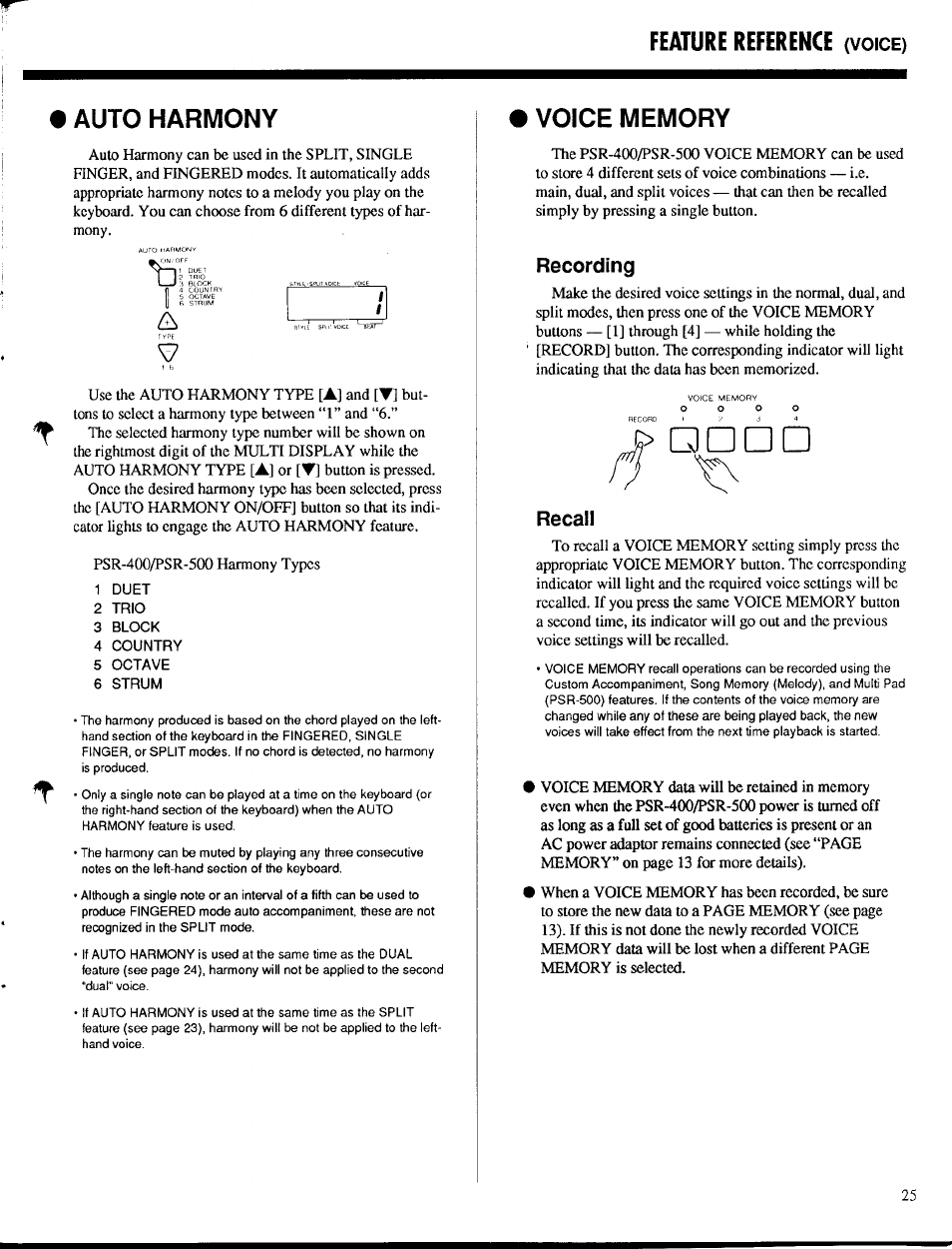 Auto harmony, Voice memory, Recording | Recall, Feature reference | Yamaha PSR-400 User Manual | Page 27 / 47