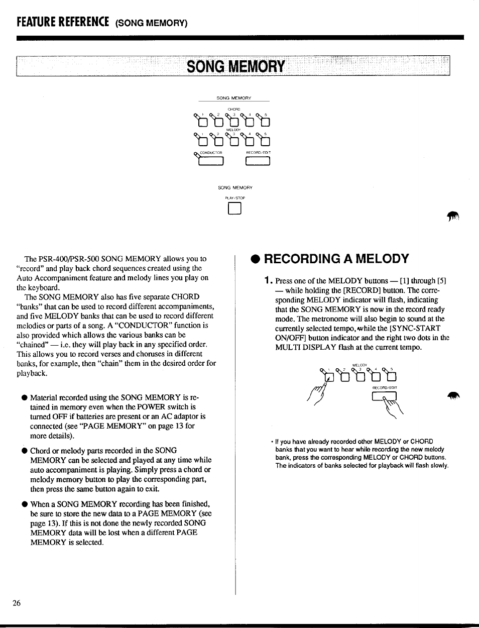 Song memory, Recording a melody, Feature reference | Yamaha PSR-400 User Manual | Page 28 / 47