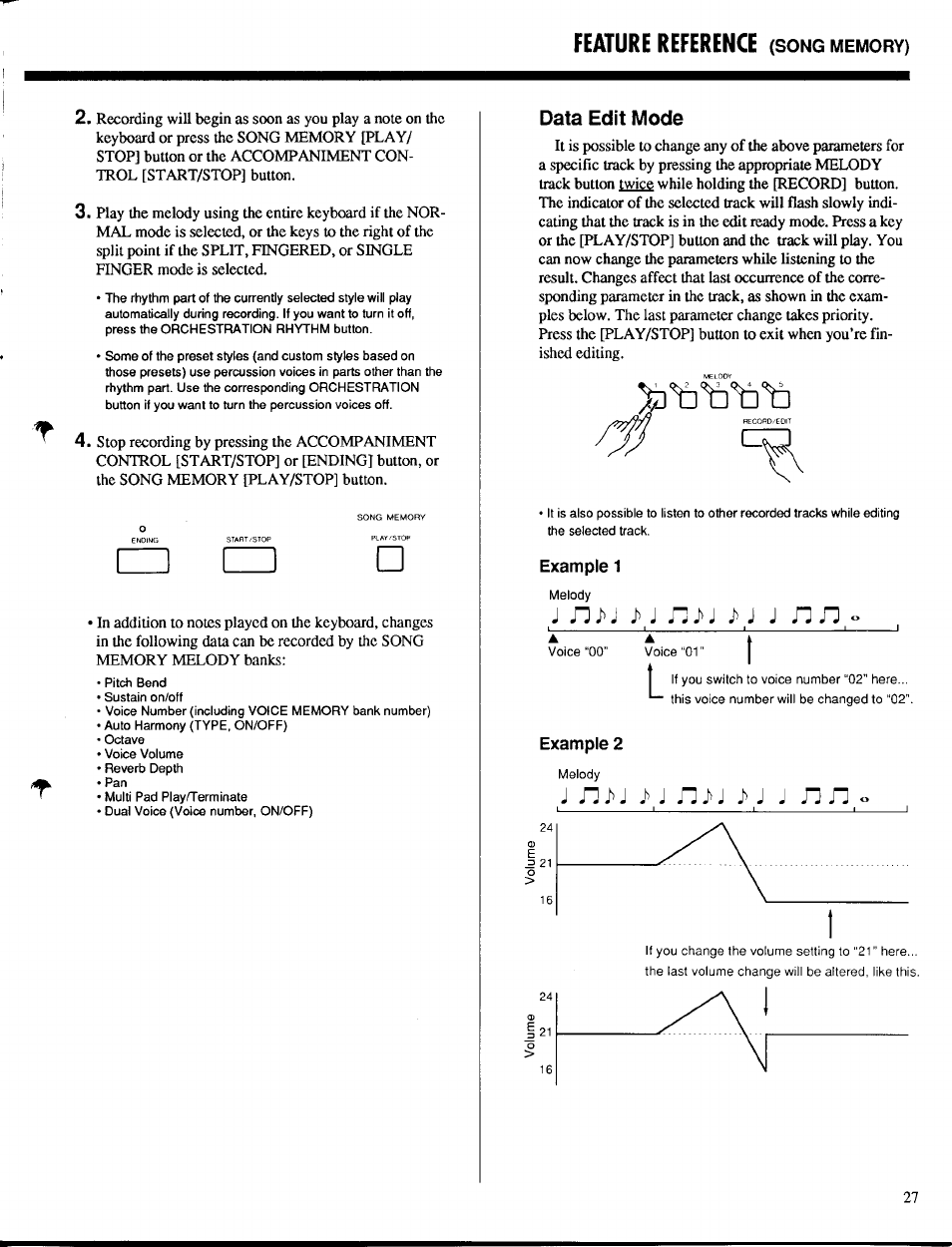 Data edit mode, Feature reference, J > j | J j f] f] o | Yamaha PSR-400 User Manual | Page 29 / 47
