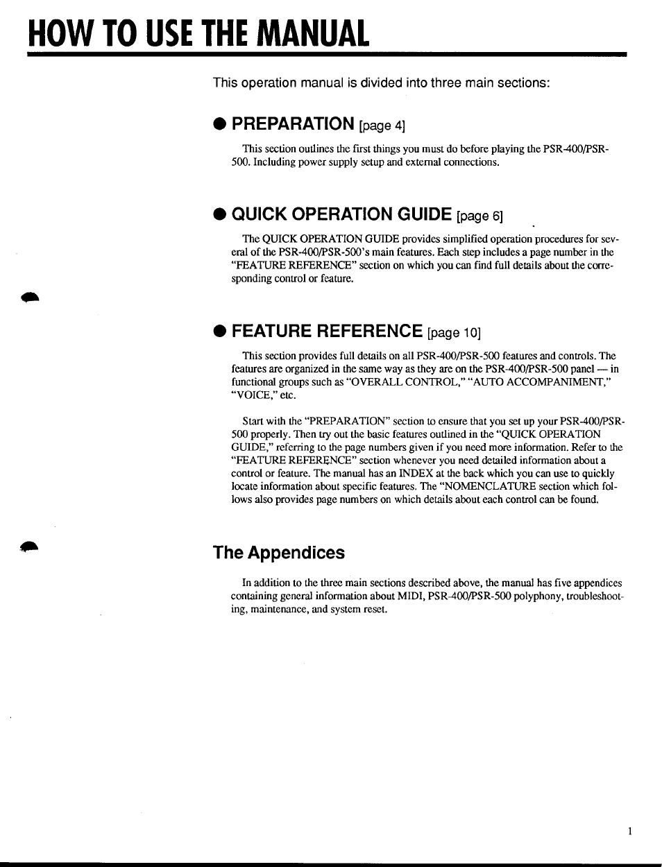 How to use the manual, The appendices, Preparation | Quick operation guide, Feature reference | Yamaha PSR-400 User Manual | Page 3 / 47