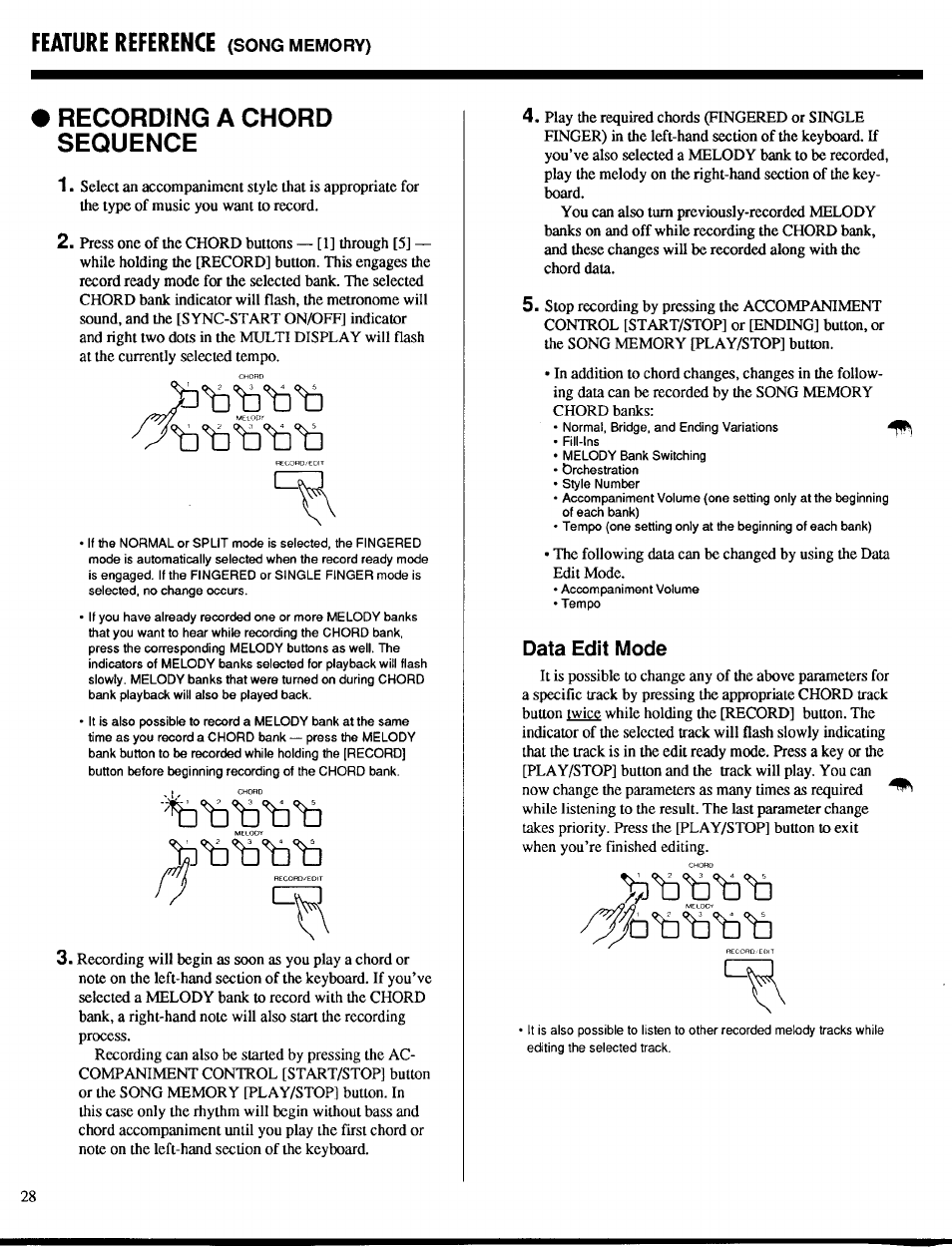 Recording a chord sequence, Data edit mode, Feature reference | Yamaha PSR-400 User Manual | Page 30 / 47