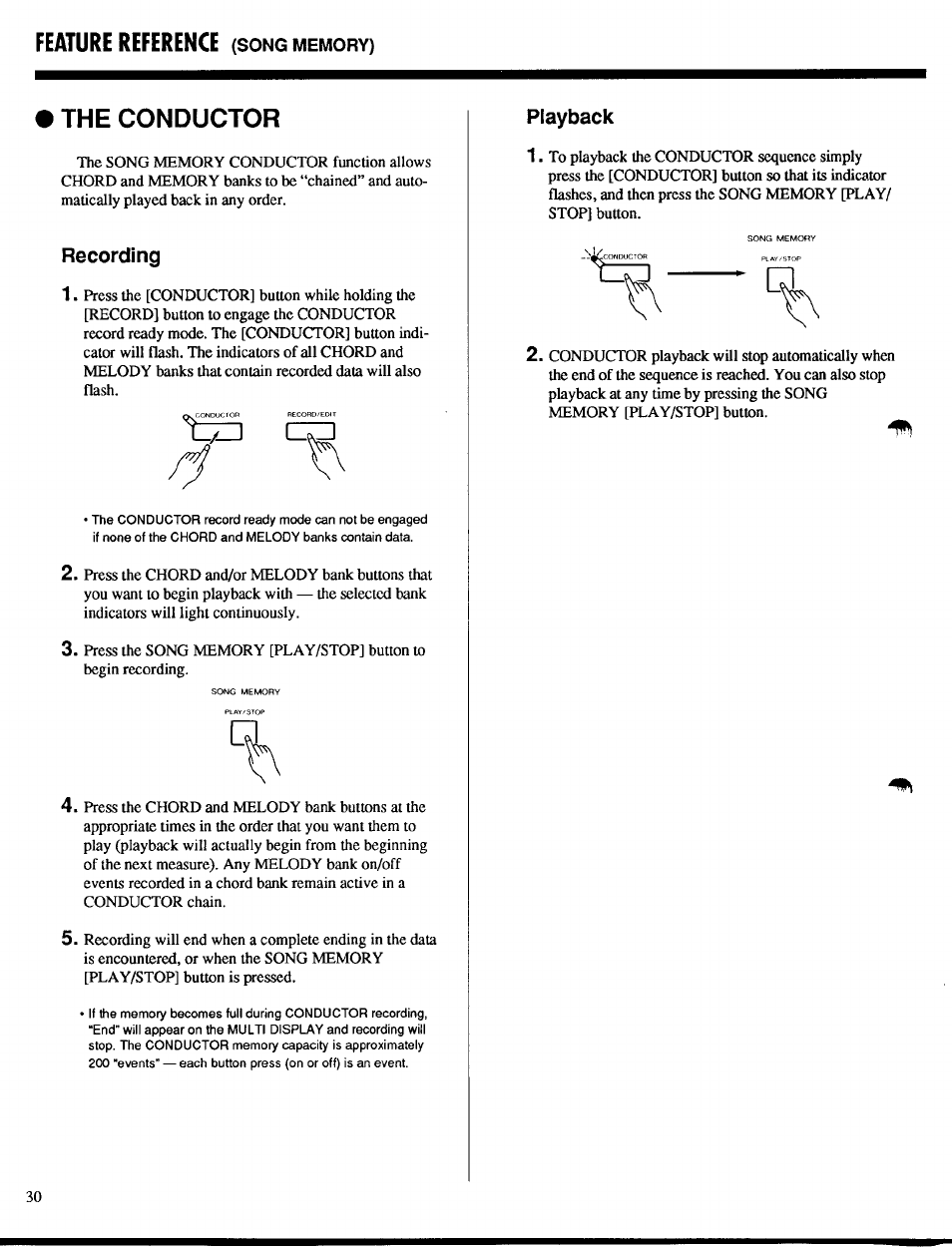 The conductor, Recording, Playback | Feature reference | Yamaha PSR-400 User Manual | Page 32 / 47