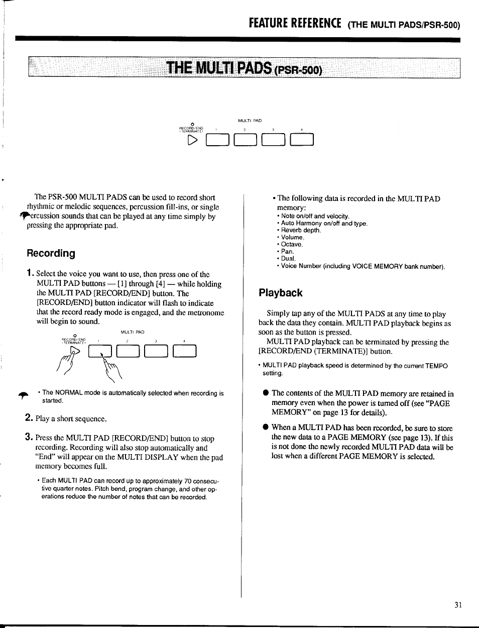 The mulîi pads (psr-^), Recording, Playback | The multi pads (psr-500), Feature reference | Yamaha PSR-400 User Manual | Page 33 / 47