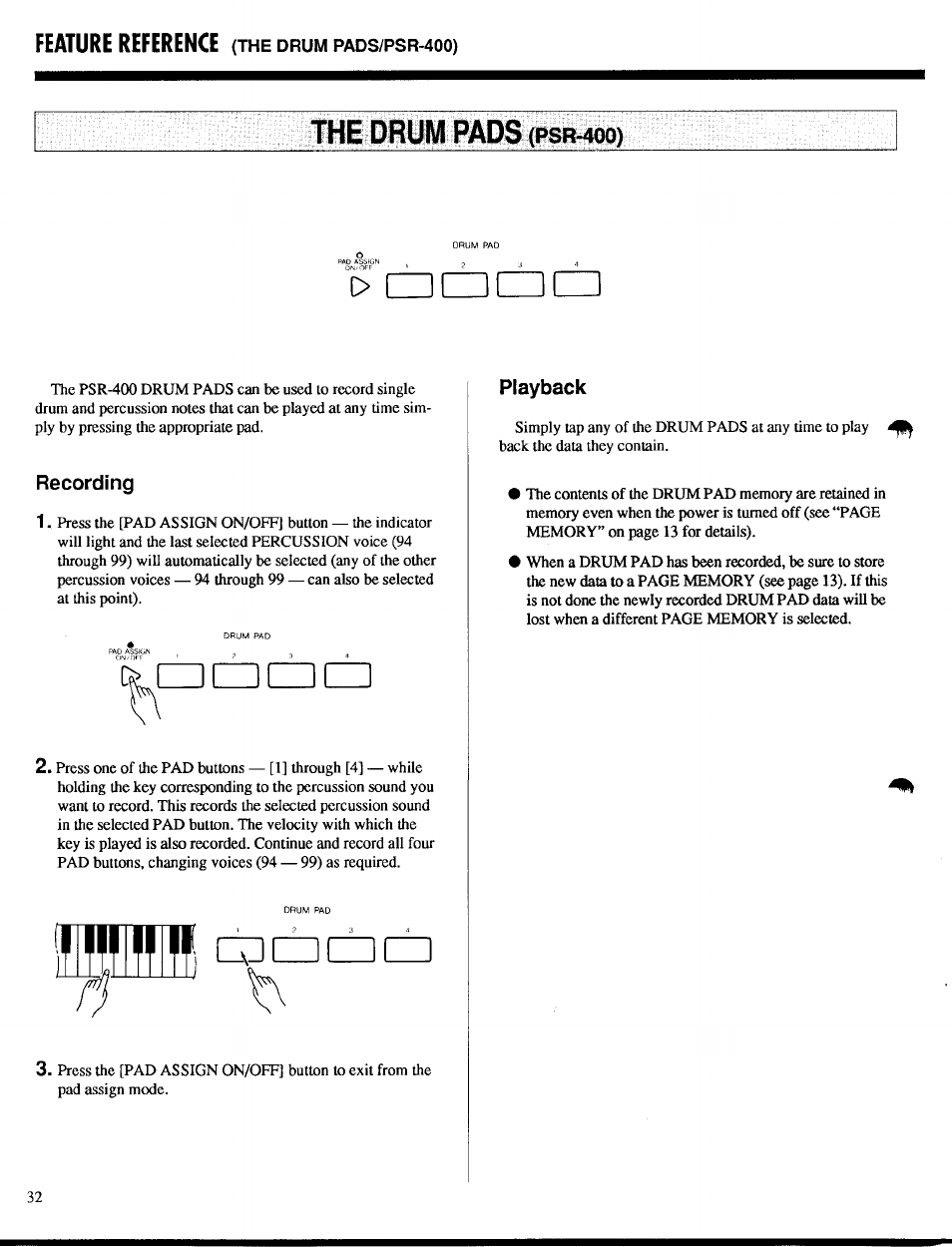 The drum pads (psr-400), Recording, Playback | Cft ljujiidi, The drum pads, Feature reference | Yamaha PSR-400 User Manual | Page 34 / 47