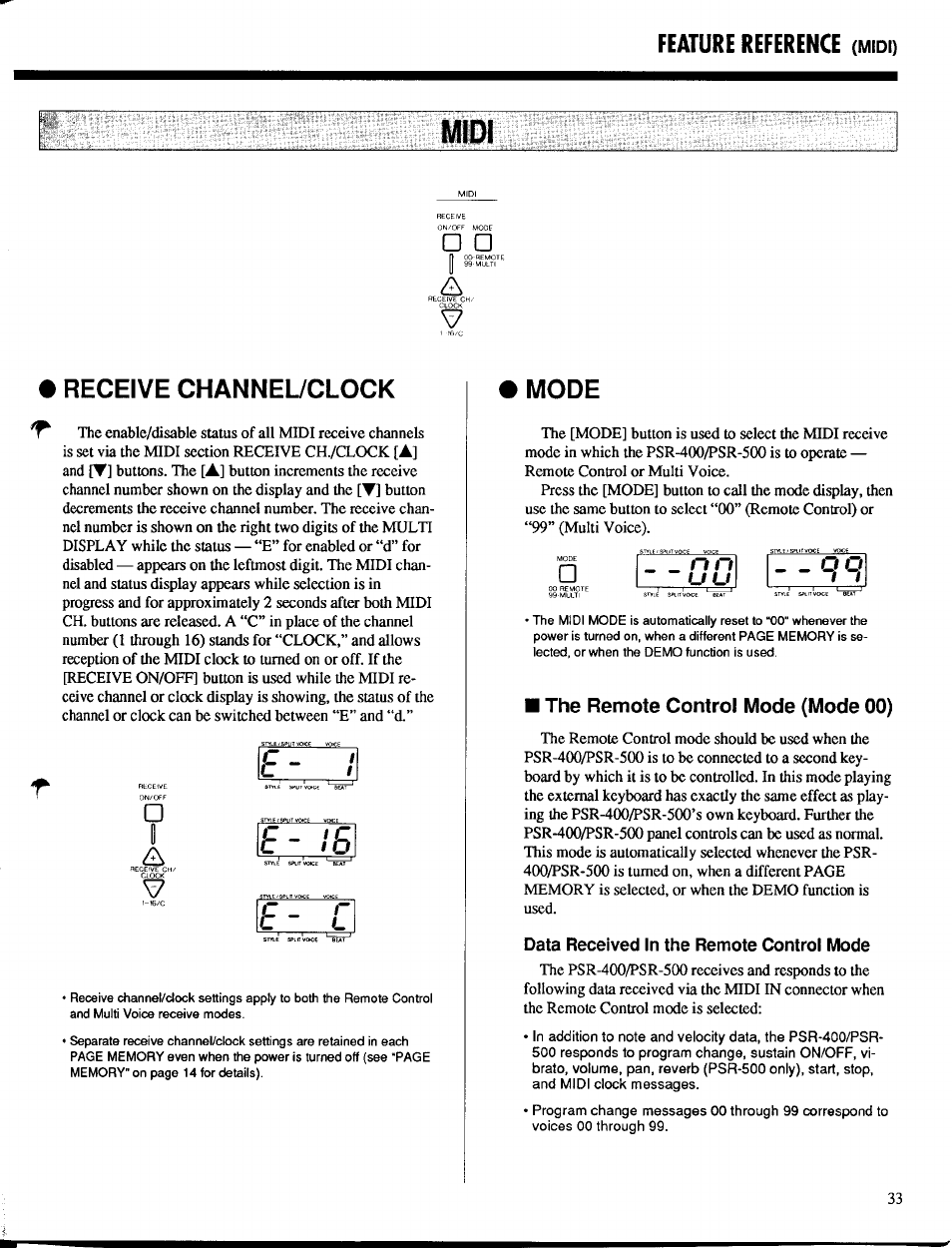 Midi, Receive channel/clock, Mode | The remote control mode (mode 00), Data received in the remote control mode, Receive channel/clock mode, Feature reference | Yamaha PSR-400 User Manual | Page 35 / 47