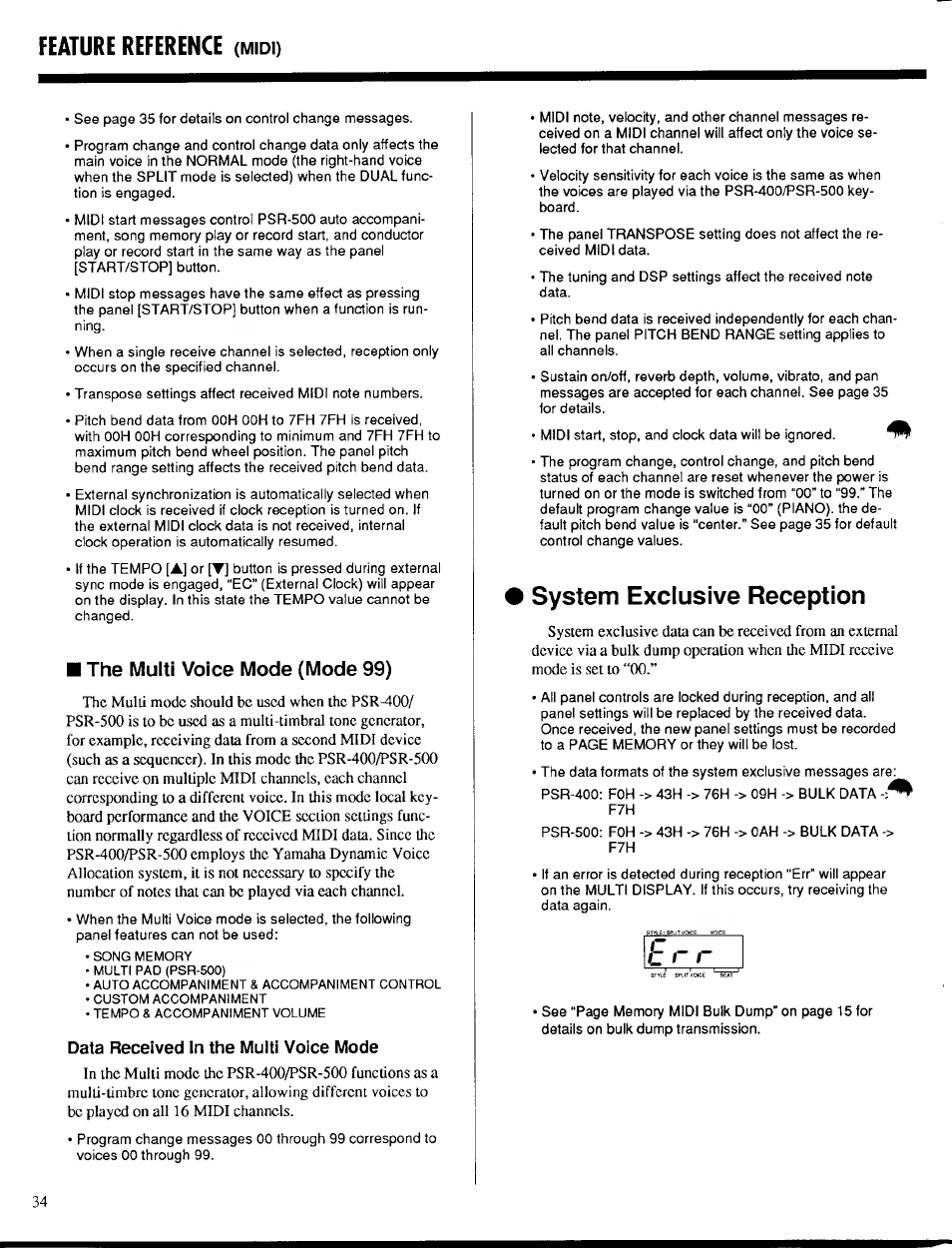 The multi voice mode (mode 99), System exclusive reception, Ь r r | Feature reference | Yamaha PSR-400 User Manual | Page 36 / 47