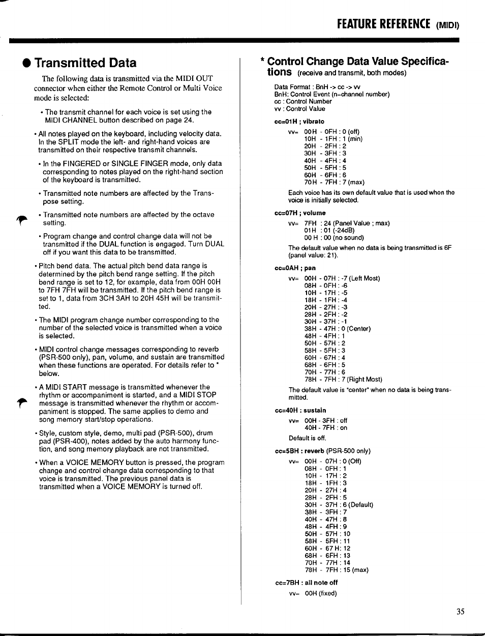 Transmitted data, Feature reference, Control change data value specifica­ tions | Yamaha PSR-400 User Manual | Page 37 / 47