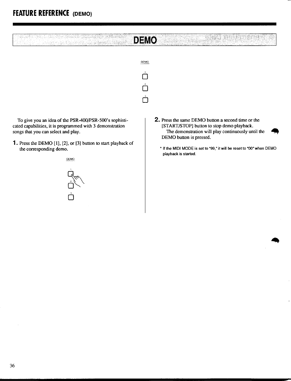 Demo, Feature reference | Yamaha PSR-400 User Manual | Page 38 / 47