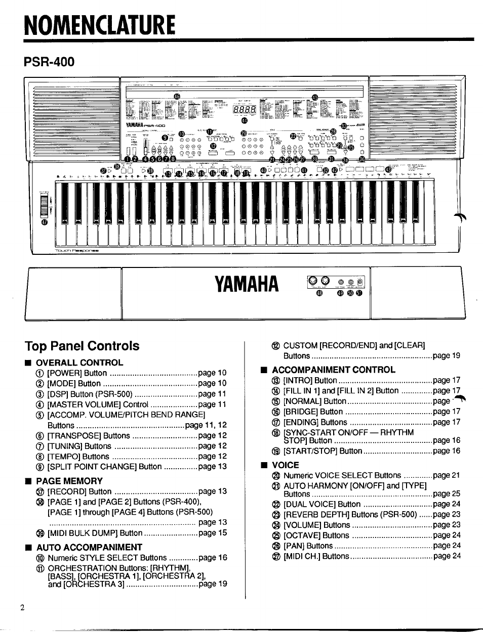 Nomencuture, Nomenclature, L!ll!l!!!l!!l!!!l!!l | Psr-400, Top panel controls | Yamaha PSR-400 User Manual | Page 4 / 47