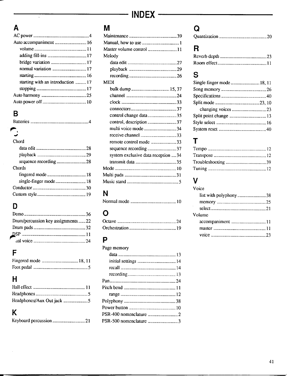 Index | Yamaha PSR-400 User Manual | Page 43 / 47