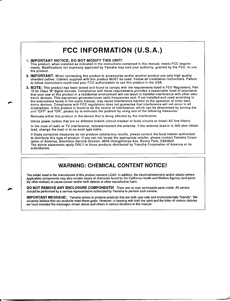 Fcc information (u.s.a.), Important notice: do not modify this unit, Warning: chemical content notice | Yamaha PSR-400 User Manual | Page 45 / 47