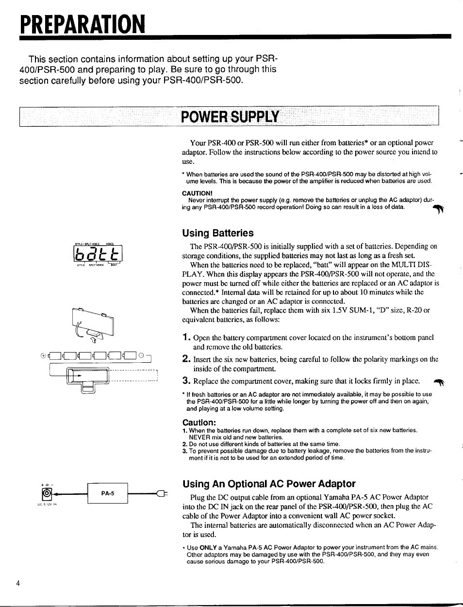 Preparation, Power supply, Using batteries | Using an optional ac power adaptor, Bdtt | Yamaha PSR-400 User Manual | Page 6 / 47