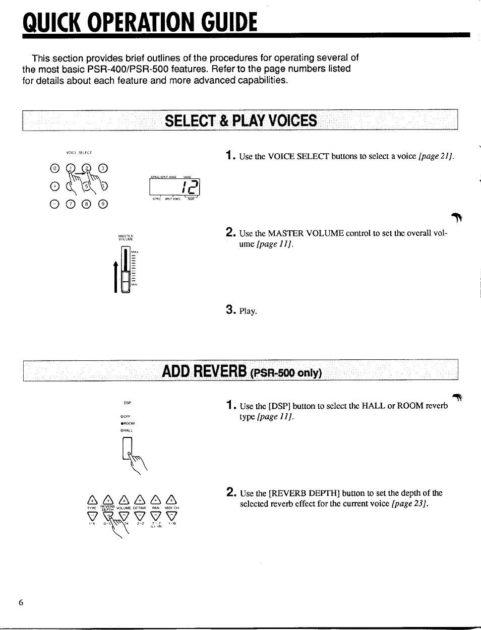 Quick operation guide, Select & play voices, Add reverb (psr -500 only) | Yamaha PSR-400 User Manual | Page 8 / 47