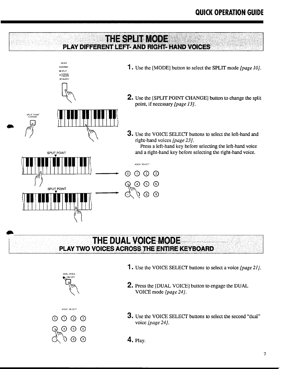 The split mode, The dual voice mode, Quick operation guide | O © © q | Yamaha PSR-400 User Manual | Page 9 / 47