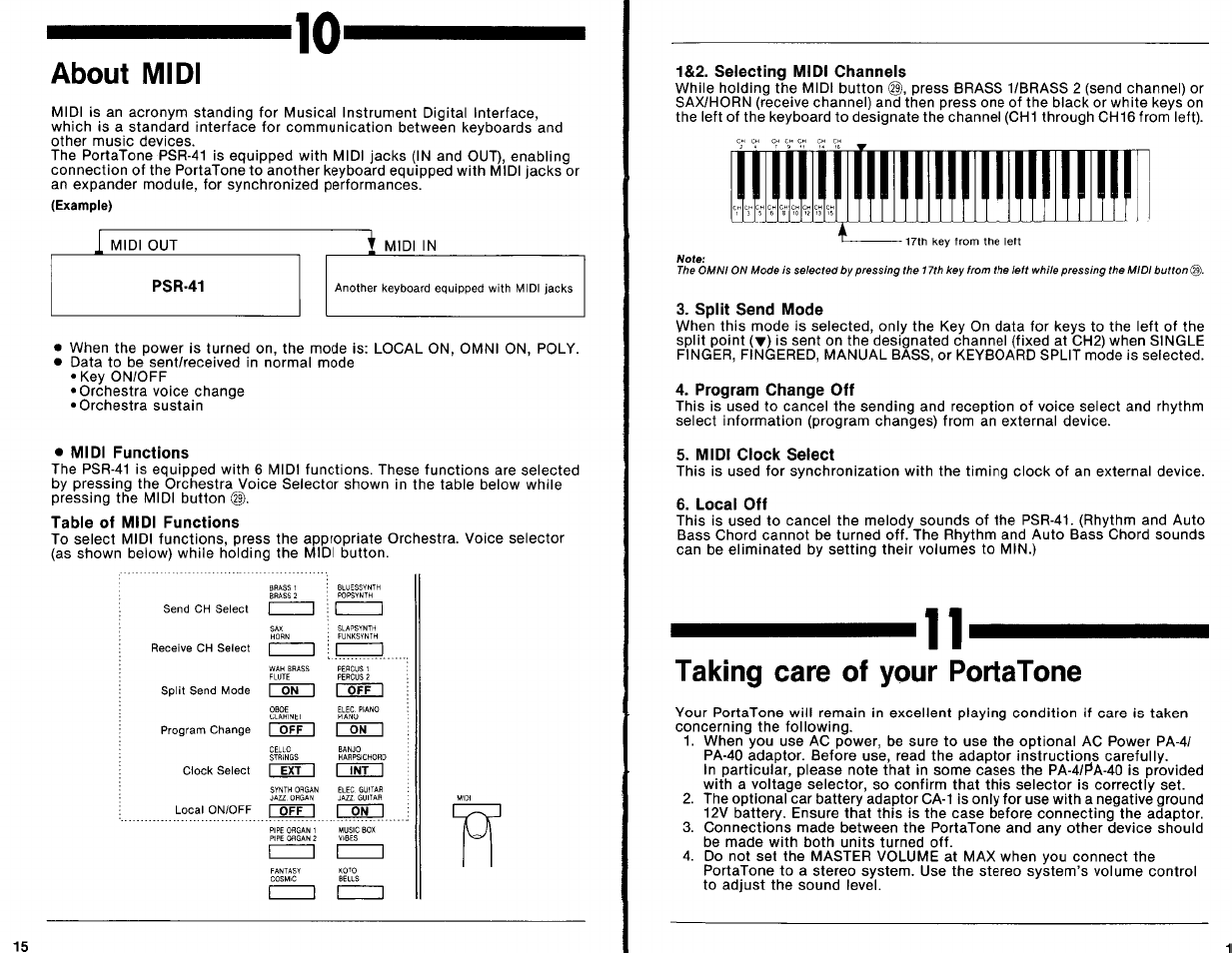 About midi, Midi functions, Table of midi functions | 1&2. selecting midi channeis, Spiit send mode, Program change off, Midi ciock select, Local off, Taking care of your portatone, Rsetl | Yamaha PSR-41 User Manual | Page 10 / 13