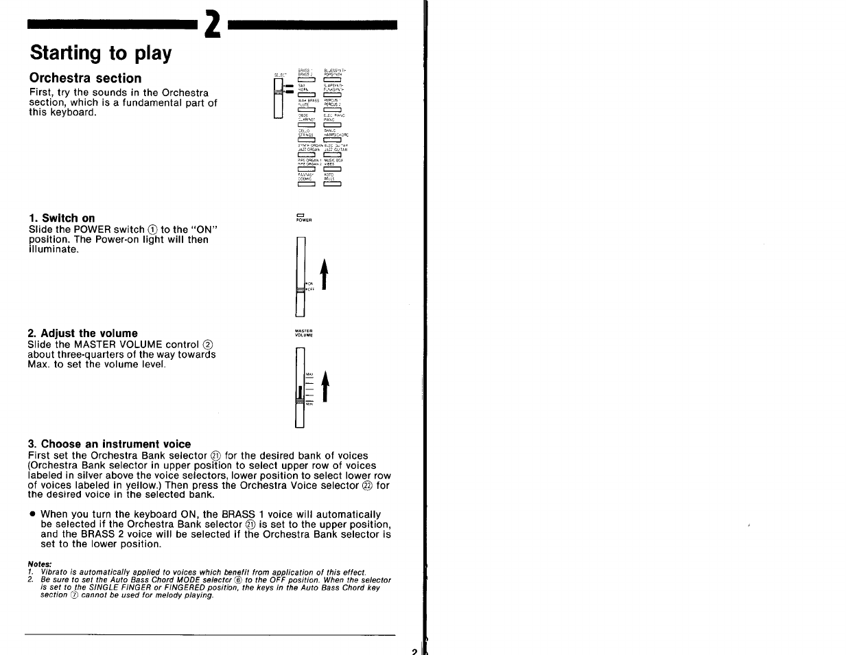 Starting to play, Switch on, Adjust the volume | Choose an instrument voice | Yamaha PSR-41 User Manual | Page 3 / 13