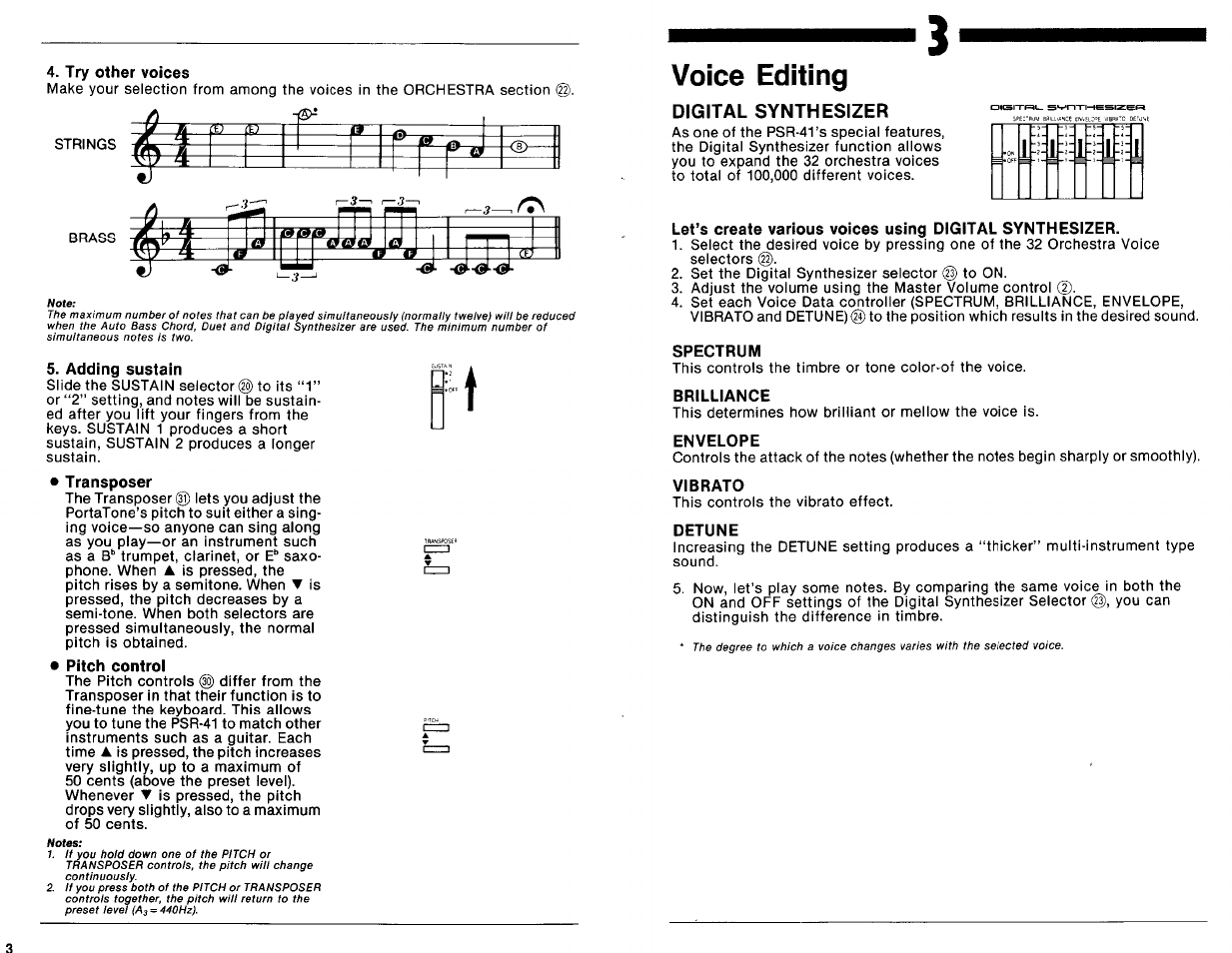 Try other voices, Adding sustain, Voice editing | Spectrum, Brilliance, Envelope, Detune | Yamaha PSR-41 User Manual | Page 4 / 13