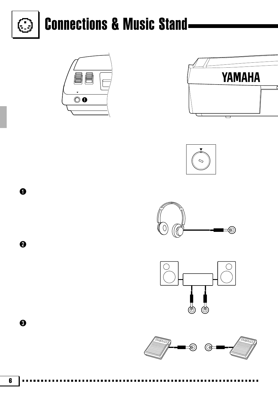Connections & music stand, Check the voltage (before you connect the ac cord), Foot switch 1 and 2 jacks | The aux out l/l+r and r jacks, The phones jack | Yamaha PSR-4000 User Manual | Page 10 / 165