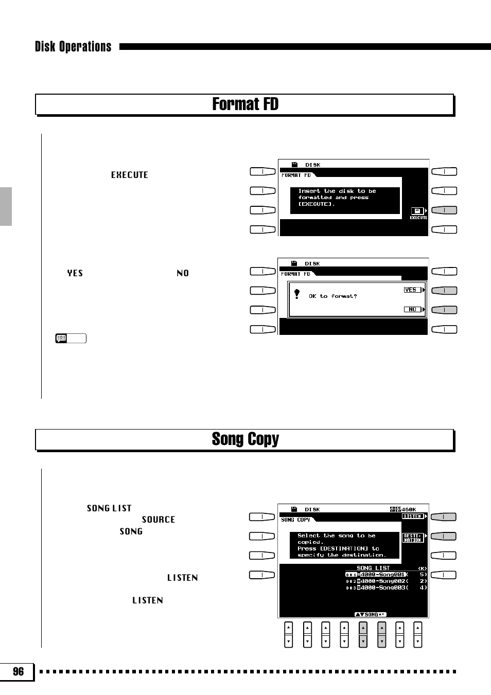 Format fd, Song copy, Disk operations | Yamaha PSR-4000 User Manual | Page 100 / 165