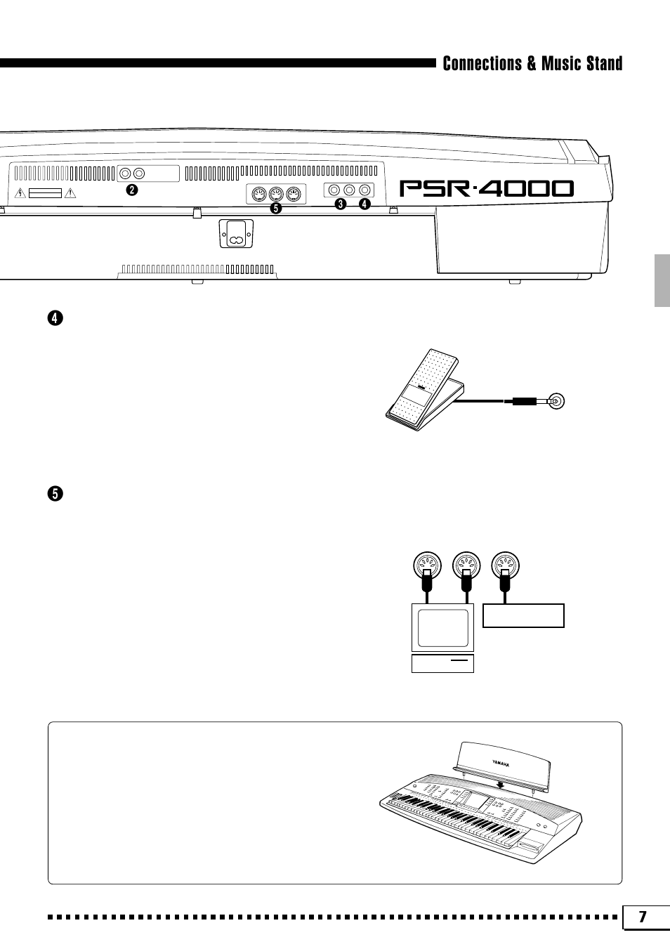 Connections & music stand, Foot volume jack, Midi in, thru and out connectors | The music stand | Yamaha PSR-4000 User Manual | Page 11 / 165