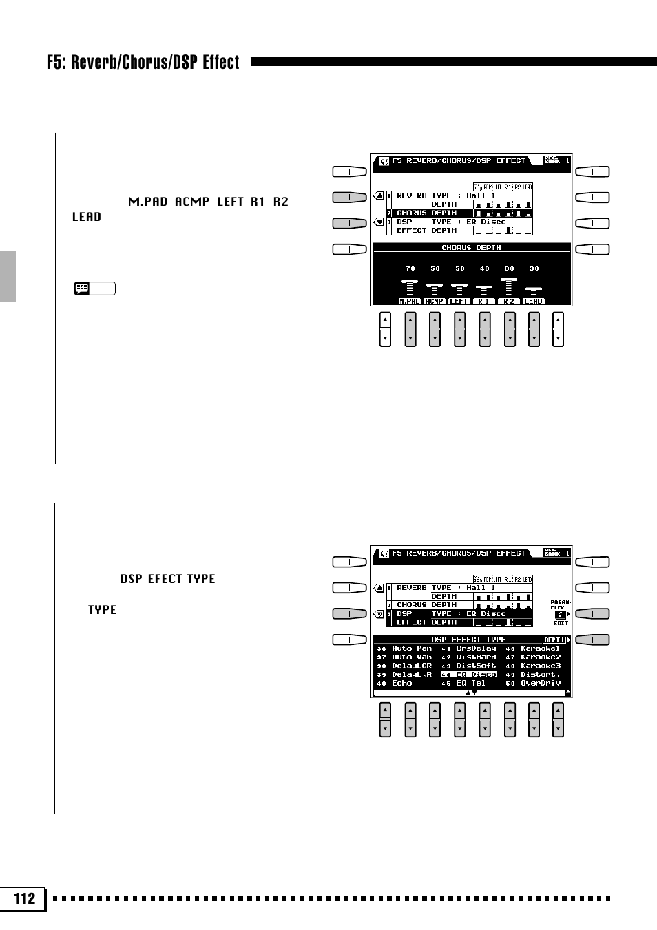 F5: reverb/chorus/dsp effect, Chorus depth, Dsp effect type & depth | Yamaha PSR-4000 User Manual | Page 116 / 165