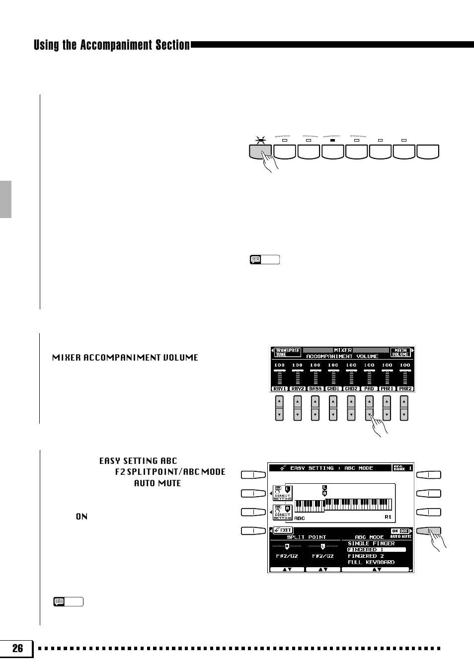 Fade-ins and fade-outs, The auto mute function, Accompaniment volume | Yamaha PSR-4000 User Manual | Page 30 / 165