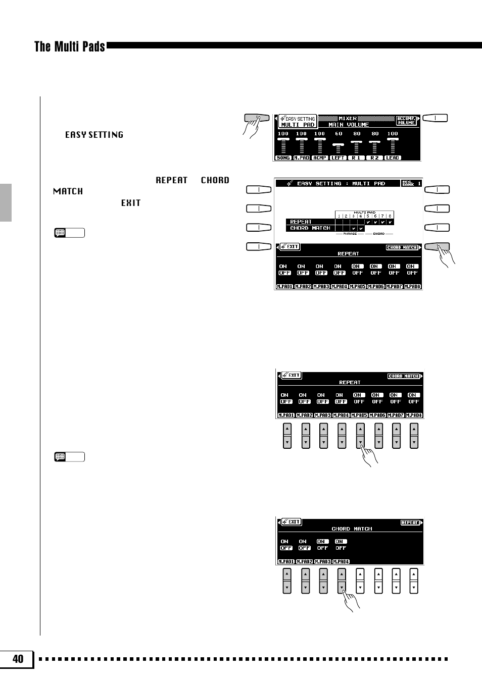 The multi pads, The repeat & chord match settings | Yamaha PSR-4000 User Manual | Page 44 / 165