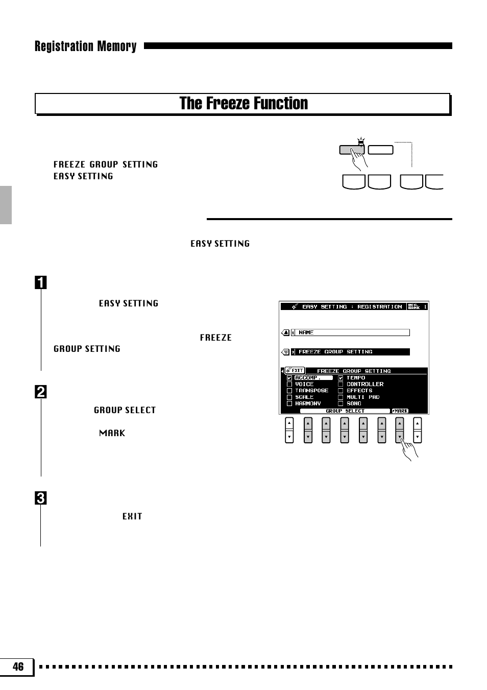 The freeze function, The freeze group settings | Yamaha PSR-4000 User Manual | Page 50 / 165