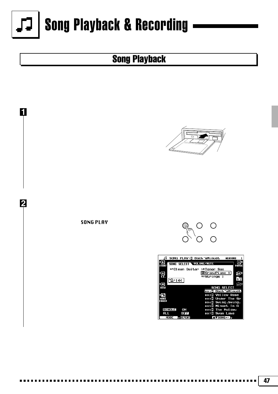 Song playback & recording, Song playback, Insert a song disk | Engage the song play mode | Yamaha PSR-4000 User Manual | Page 51 / 165