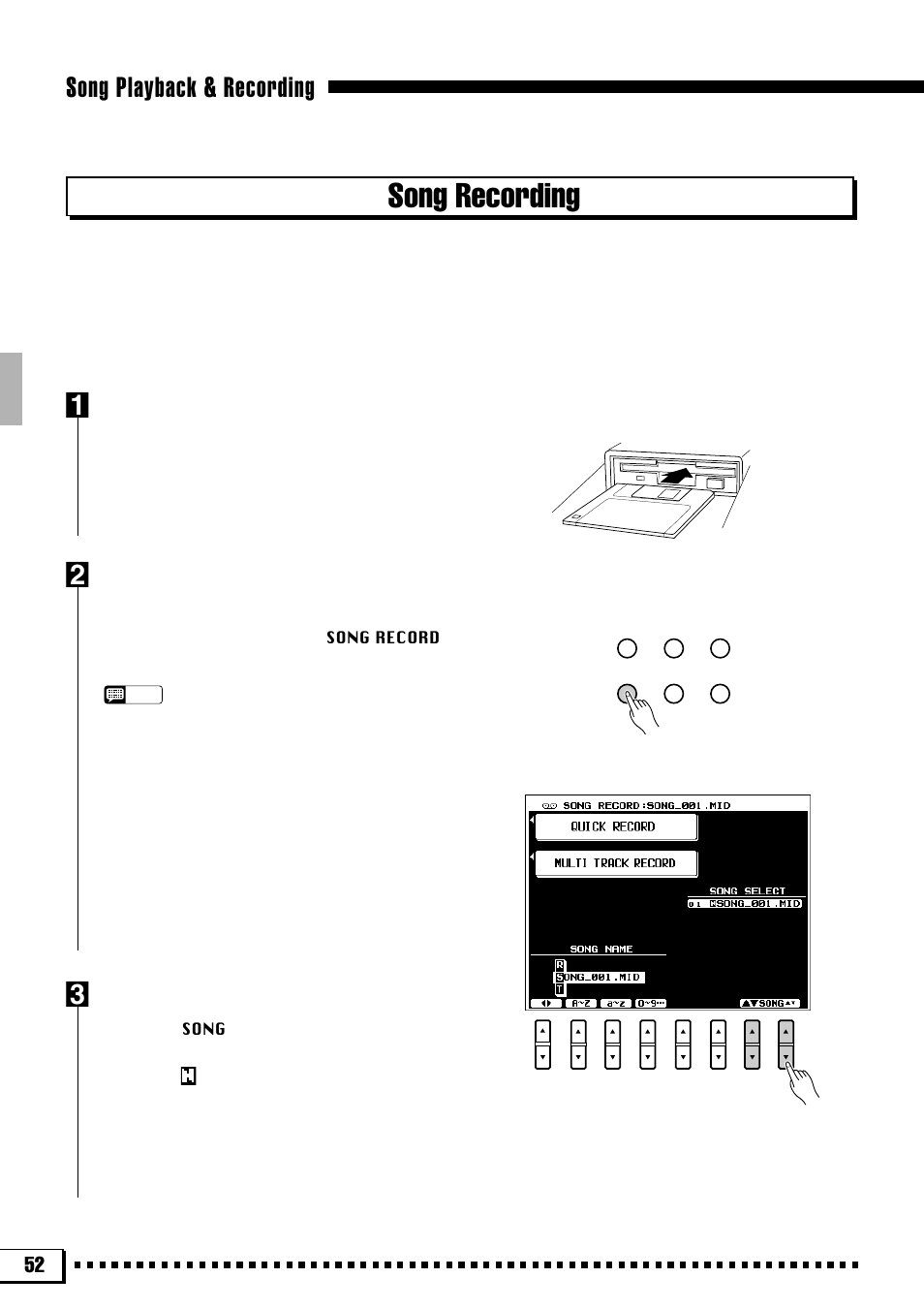 Song recording, Song playback & recording, Insert a recordable disk | Engage the song record mode, Select a song | Yamaha PSR-4000 User Manual | Page 56 / 165