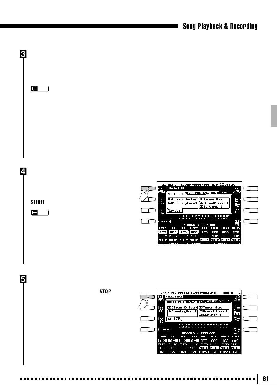 Song playback & recording c, Set up for the recording, Start recording | Stop recording | Yamaha PSR-4000 User Manual | Page 65 / 165