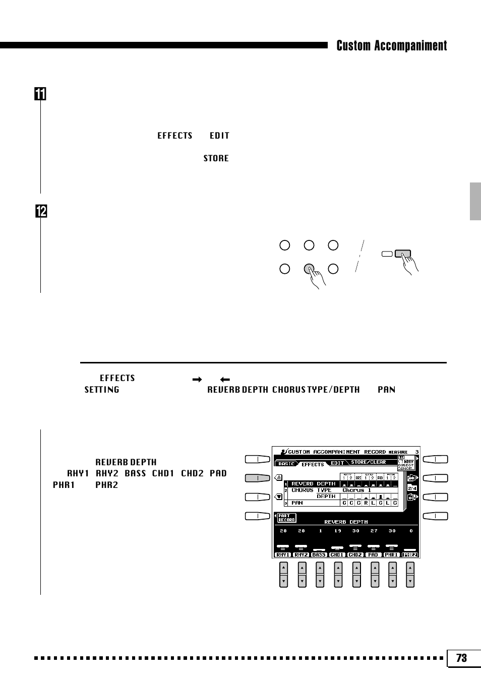 Custom accompaniment, Effects, Go on to effects, edit, and store | Exit when done, Reverb depth | Yamaha PSR-4000 User Manual | Page 77 / 165