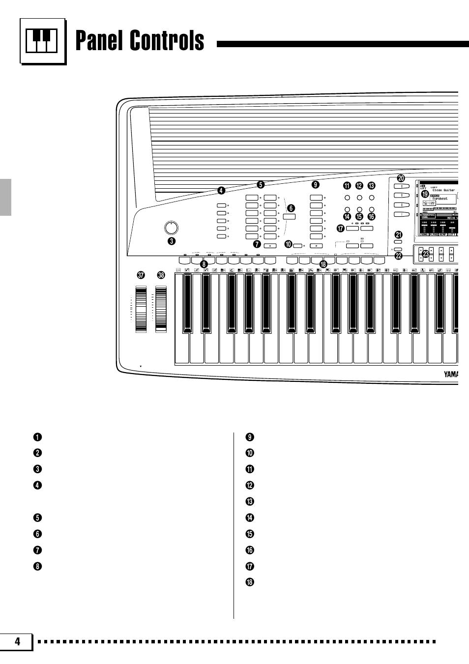 Panel controls, Accompaniment buttons .................... page 22, One touch setting button ................ page 31 | Auto bass chord button ................... page 19, Left orchestra buttons ............ pages 13, 14, Custom voice edit button ................. page 78, Custom accomp. rec button ............. page 69 | Yamaha PSR-4000 User Manual | Page 8 / 165